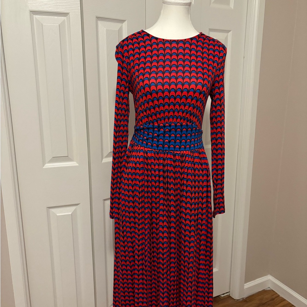 Boden Red and Blue Geometric Long Sleeve Dress